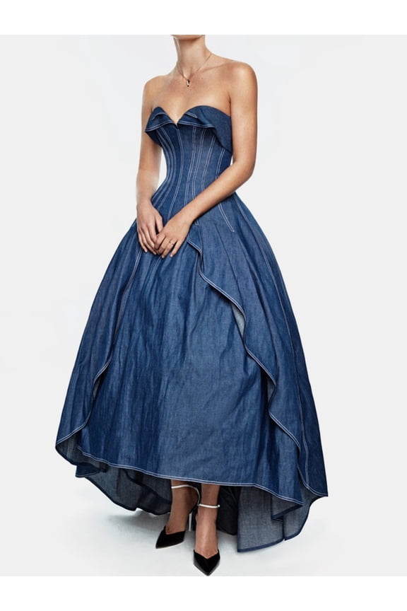 Women’s Strapless Denim Corset Maxi Dress Vintage High Low Formal Gown with Sweetheart Neck and Layered Hem