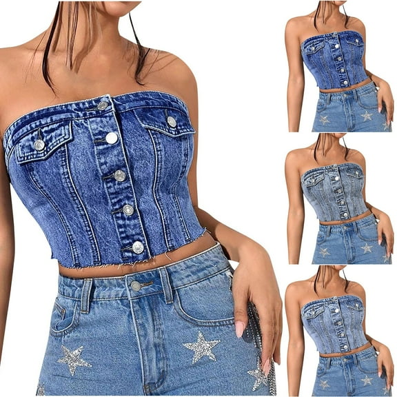 Women's Strapless Denim Corset Top Button Front Summer Casual Tube Top Bodycon Crop Tops 2025 Y2K Clothing