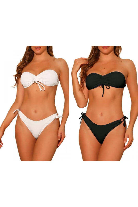 Women's Strapless Drawstring Bandeau Bikini Combination Sets 2 Piece Solid Lace Up Swimsuit Suits X-Small Black, White