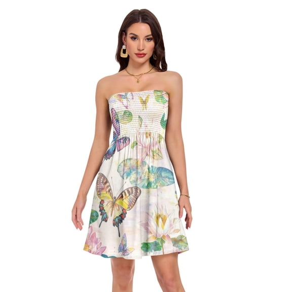Women's Strapless Dress High-waist Smocked Casual Dresses A-Line Midi Dress for Summer Vacation, Colored Butterfly Print S