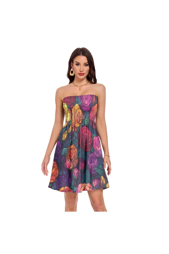 Women's Strapless Dress High-waist Smocked Casual Dresses A-Line Midi Dress for Summer Vacation, Stained Roses Print S