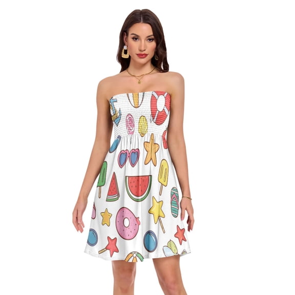 Women's Strapless Dress High-waist Smocked Casual Dresses A-Line Midi Dress for Summer Vacation, White Summer Treats Print S