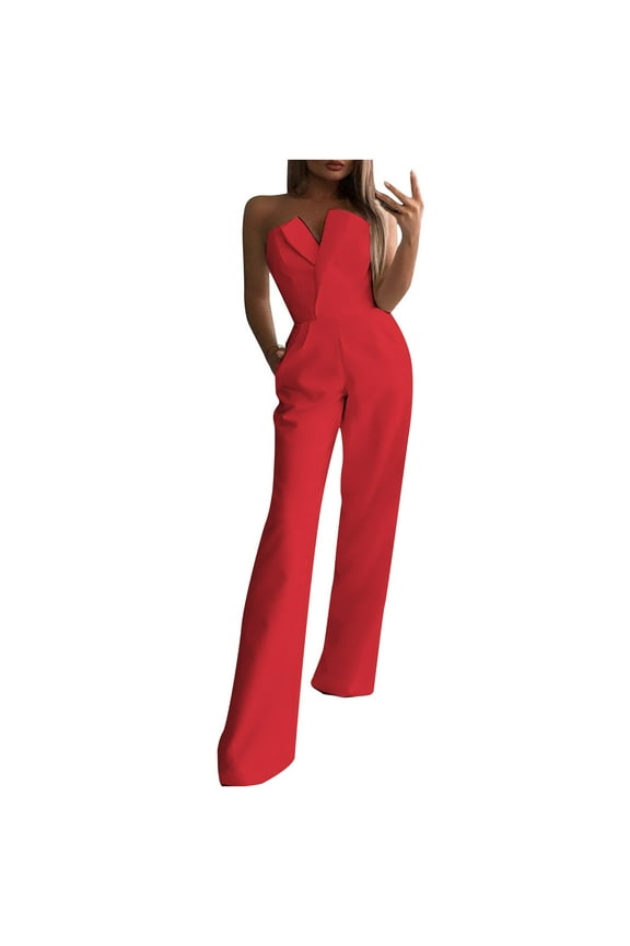 Women's Strapless Dressy Business Jumpsuits Elegant High Waisted Straight Leg Formal Pantsuits Rompers with Pockets