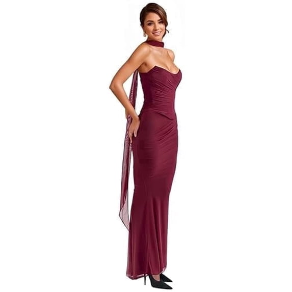 BABOMAREON Summer Maxi Dresses for Women 2026 Strapless Ruched Tube Dress with Scarf Beach Vacation Spring Wedding Guest Dress