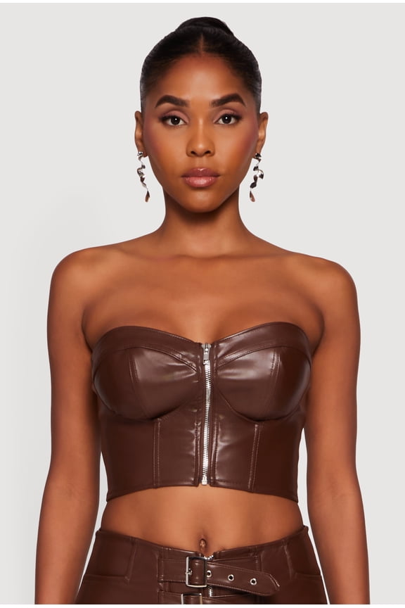 Women's Strapless Faux Leather Cropped Bustier Corset Top
