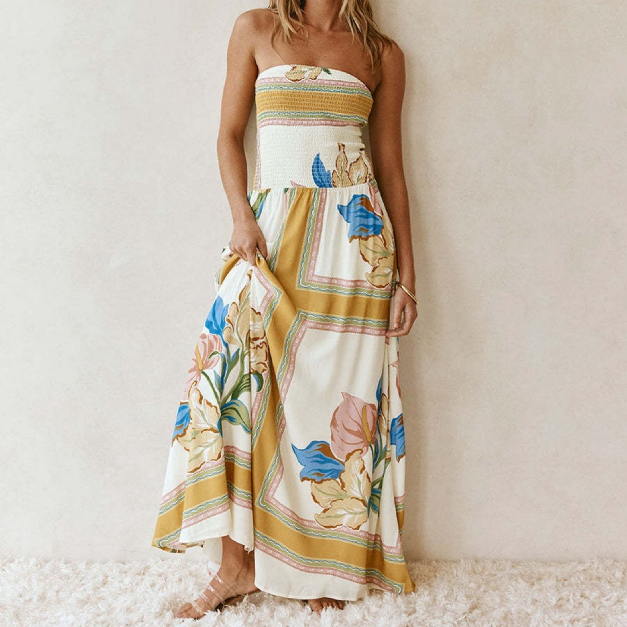 Women’s Strapless Floral Maxi Dress, Bandeau Boho Vacation Dress with Flowy Skirt