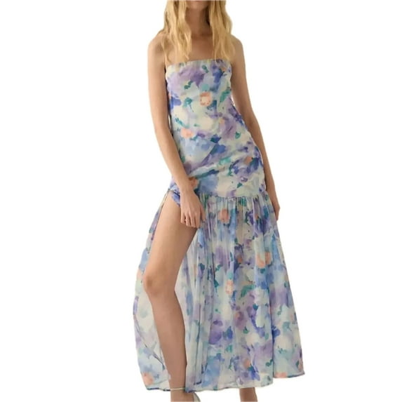 Women's Strapless Floral Maxi Dress with Side Slit Ruched Bodice Lightweight 100% Polyester Fabric for Summer Occasions