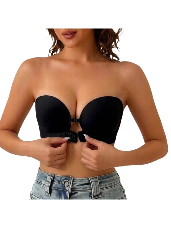 Women's Strapless Front Closure Bra Deep V Wireless Seamless Push Up Backless Daily Bra