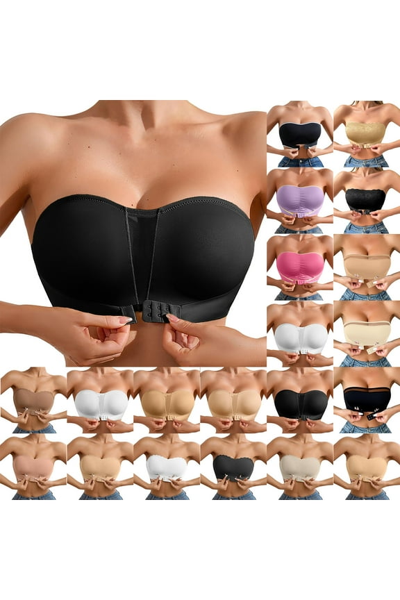 Women's Strapless Front Closure Bra Wireless Push Up Bandeau, Non Slip Comfort Front Hook Bralette, Seamless Multiway Underwear, Stay Up Bottom Hem Support Top, Breathable Solid Color Lingerie