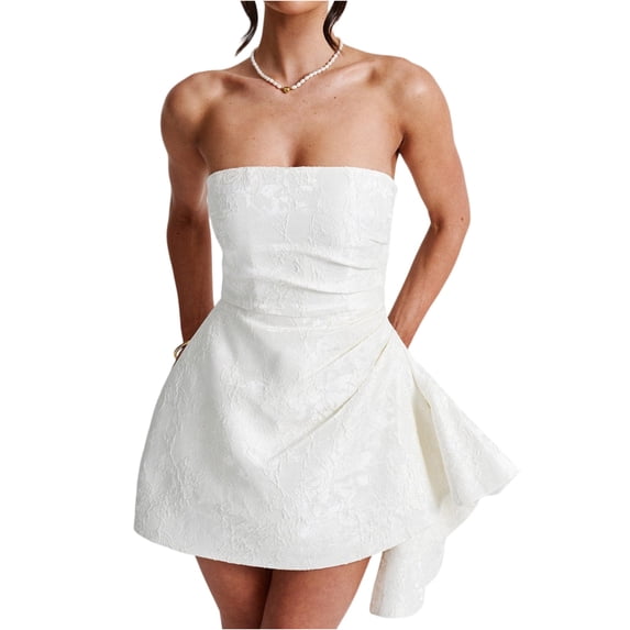 Women's Strapless Jacquard Mini Dress, Fit and Flare Graduation Party Cocktail Dress