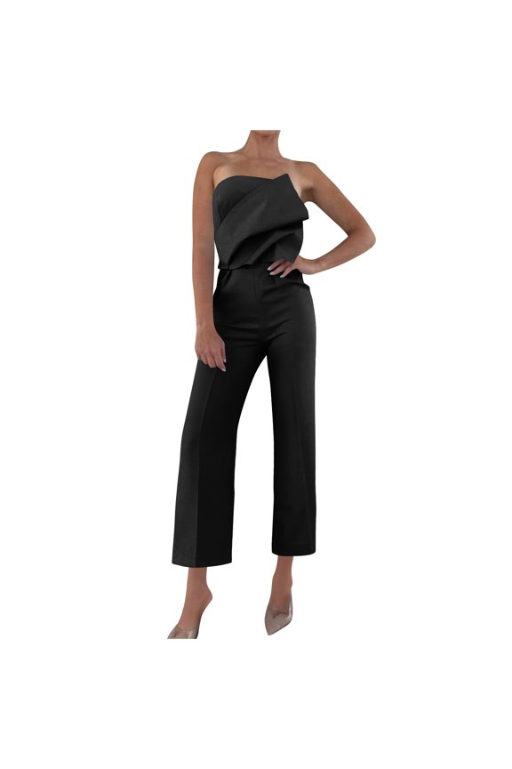 Women's Strapless Jumpsuits Asymmetrical Neck Off-Shoulder Tight Dressy Straight Leg Plain Elegant Rompers for Wedding Cocktail Party Black S-2XL