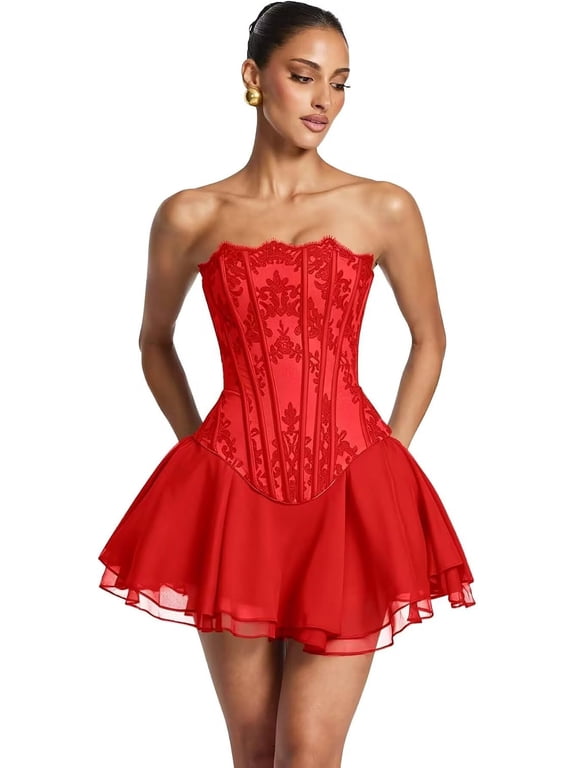 Women's Strapless Lace Corset Bodice Chiffon Short A‑Line Homecoming Dress