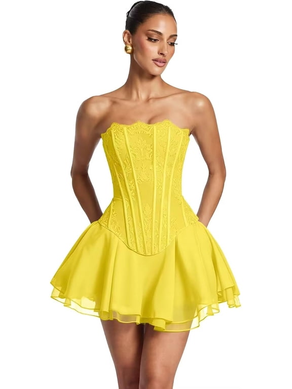 Women's Strapless Lace Corset Bodice Chiffon Short A‑Line Homecoming Dress