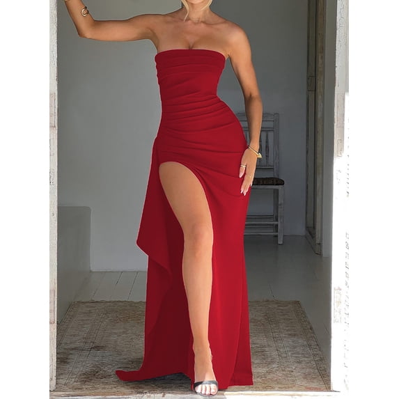 Women's Strapless Maxi Dress, Backless High-Slit Evening Gown for Weddings, Proms and Formal Events