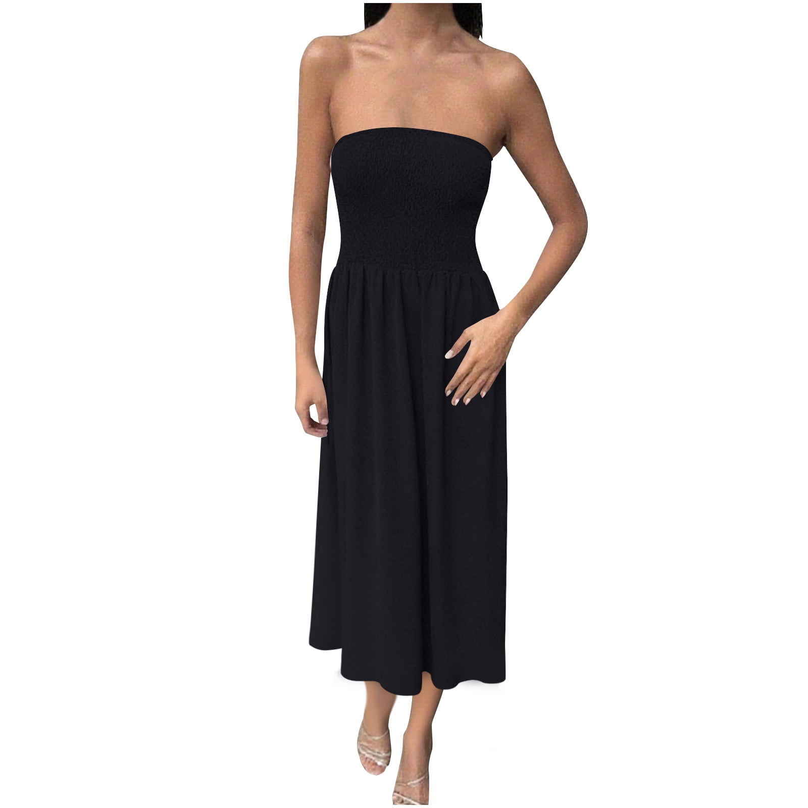 Womens Strapless Maxi Dress Casual Tube Top Sundress Sleeveless Flowy  A-Line Summer Beach Dresses