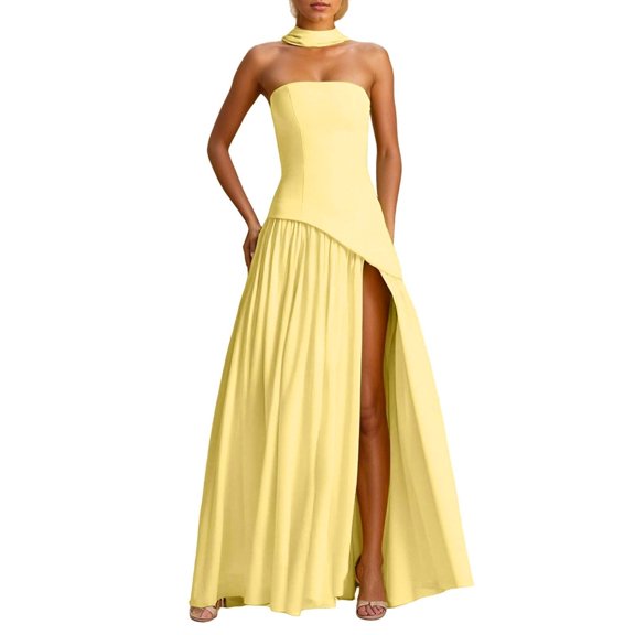 Women's Strapless Maxi Dress Elegant High Split Backless a Line Flowy Cocktail Party Maxi Dresses with Scarf Yellow XL