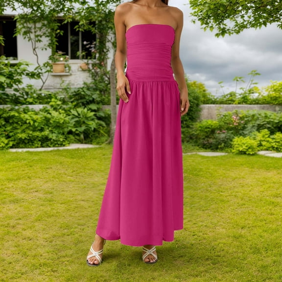 Women's Strapless Maxi Dress Elegant Sleeveless Off Shoulder Ruffled Flowy Long Summer Wedding Party Evening Gown