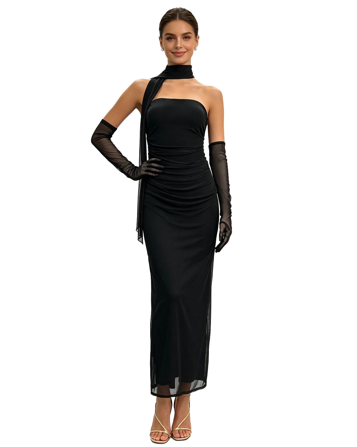 cocktail dresses with gloves Women's Strapless Maxi Dress Sheer Scarf and Long Formal Party Wedding Evening Off Shoulder Bodycon a bonning bodice Black and Red Dark Size:US 21 elegant evening gown with gloves Sihouette_A-Line