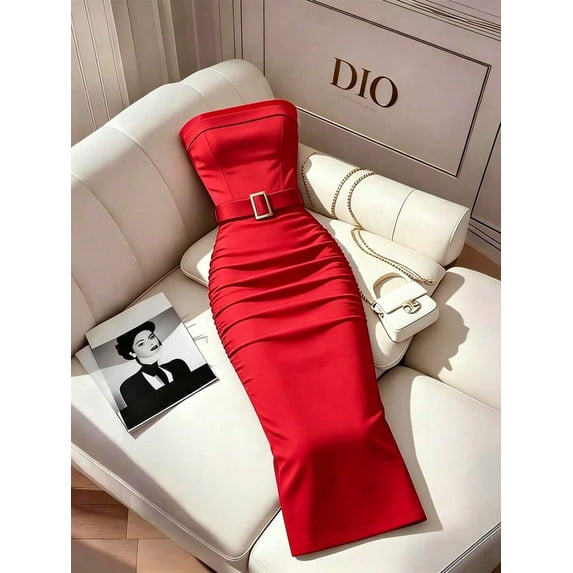 Women's Strapless Midi Dress, Red Ruched Bodycon Dress with Buckle Belt for Formal Party