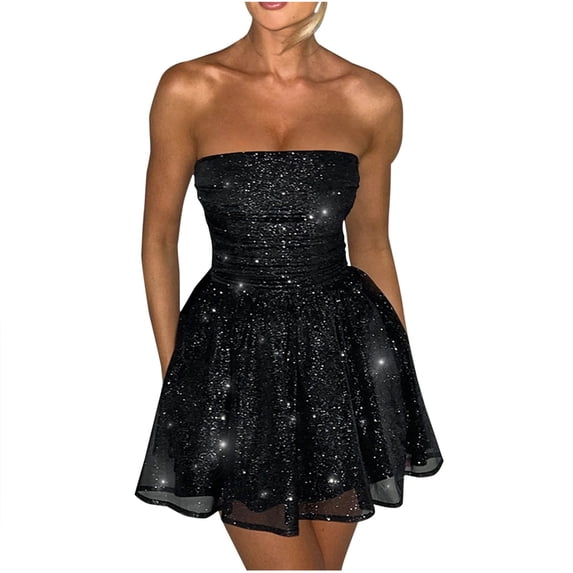 Women's Strapless Mini Dress, Glitter Tulles Homecoming Dresses for Teens, A Line Short Prom Cocktail Gown with Bow Black S