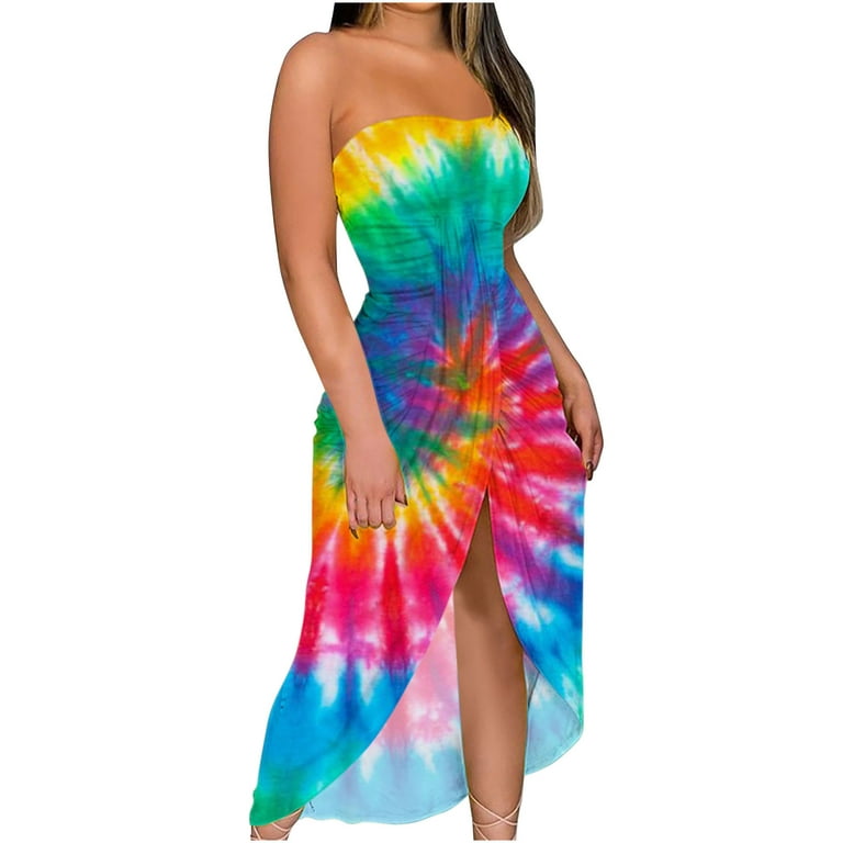 Women's Strapless Ruched High Waist Wrap Split Asymmetrical Beach Maxi Long  Dress 