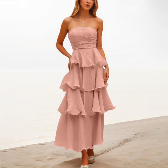 Women's Strapless Ruffle Tiered Maxi Dress Summer Elegant Bodycon Backless Flowy Gown Formal Evening Dress Casual Summer Dress Women Dressy Fall Dresses for Women Dresses for Women for Work Split