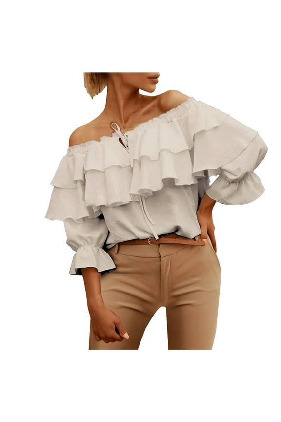 Women's Strapless Ruffles Chiffon Blouses Tie Neck Off the Shoulder 3/4 Sleeve Shirts Tops Solid Casual Summer T Shirts