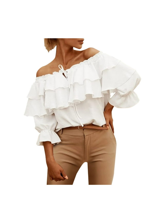 Women's Strapless Ruffles Chiffon Blouses Tie Neck Off the Shoulder 3/4 Sleeve Shirts Tops Solid Casual Summer T Shirts