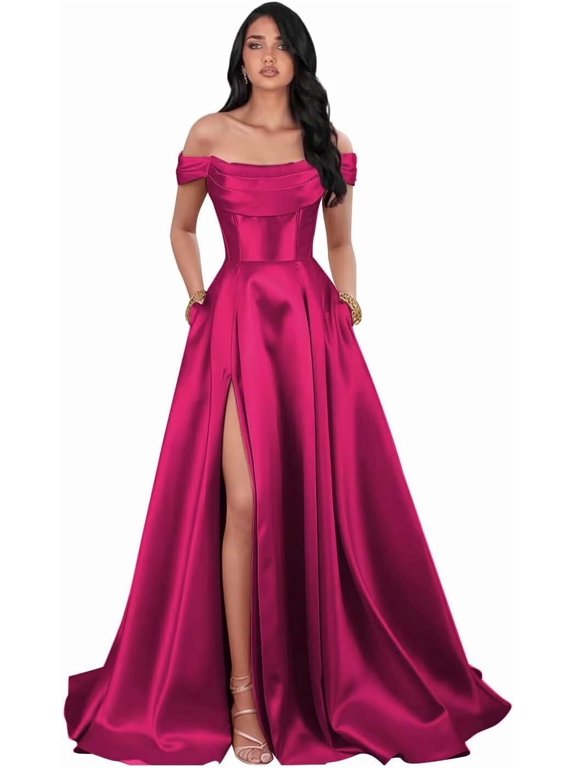 Women's Strapless Satin A‑Line Prom Gown, Long Formal Cocktail Evening Dress With Side Slit