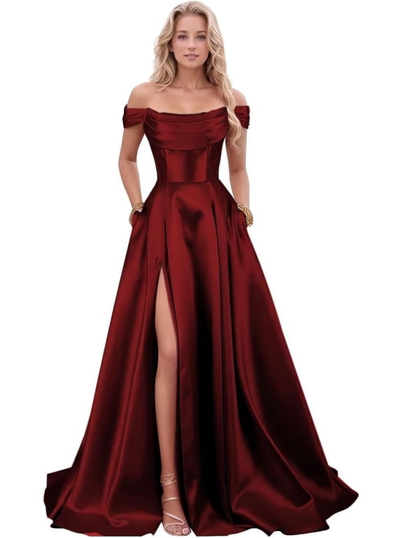 Women's Strapless Satin A‑Line Prom Gown, Long Formal Cocktail Evening Dress With Side Slit