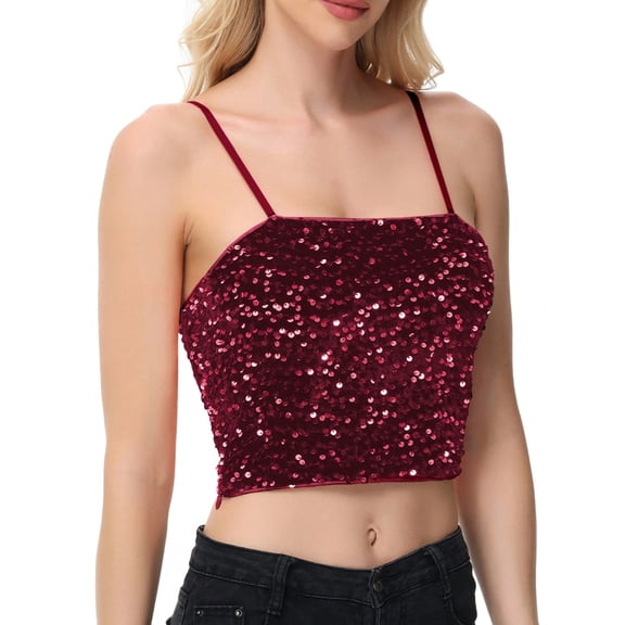 Women's Strapless Sequin Crop Top with Adjustable Spaghetti Straps - Large, Burgundy Red