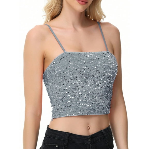 Women's Strapless Sequin Crop Top with Adjustable Spaghetti Straps - Large, Gray