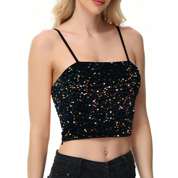 Women's Strapless Sequin Crop Top with Adjustable Spaghetti Straps - Small, Multicolor