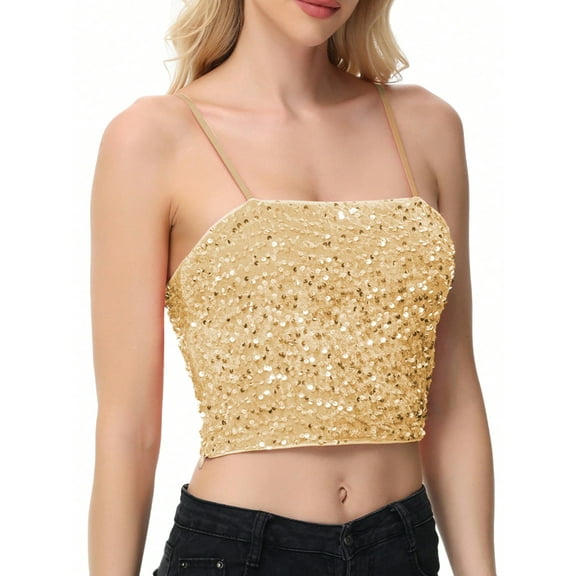 Women's Strapless Sequin Crop Top with Adjustable Spaghetti Straps - X Large, Light Gold