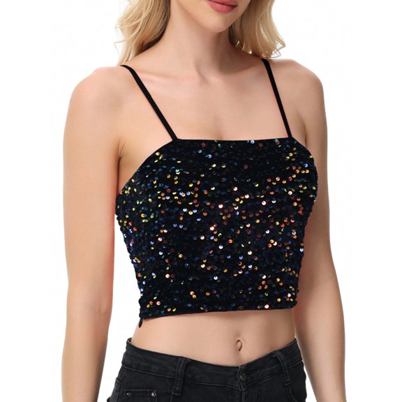 Women's Strapless Sequin Crop Top with Adjustable Spaghetti Straps - X Large, Multicolor