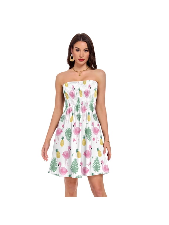 Women’s Strapless Shirred Dress High Waist A-Line Stretchy Midi Dress Casual Summer Beach Dress Flamingo and Pineapple Pattern Small