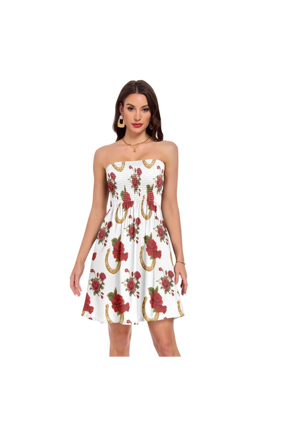 Women’s Strapless Shirred Dress High Waist A-Line Stretchy Midi Dress Casual Summer Beach Dress Horseshoe Pattern with Red Roses X-Large