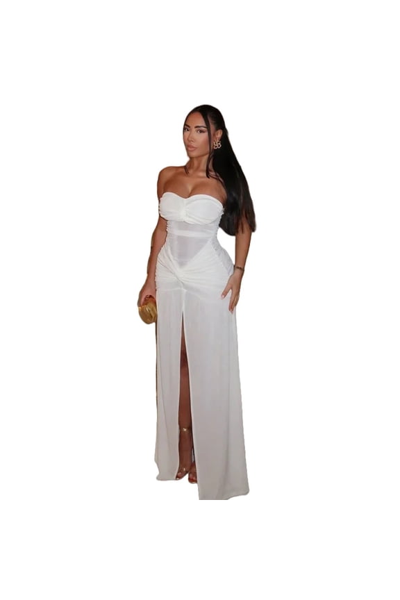Women's Strapless Slash Neck Sleeveless Backless Pleated Split Hips Wrapped Long Dress, Gauze Spliced Sight Perspective, Sexy