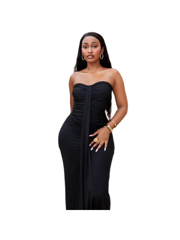 Women's Strapless Slash Neck Sleeveless Pleated Bandage Backless Hips Wrapped Long Dress, Solid Color