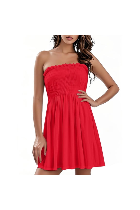 Women’s Strapless Smocked Mini Dress – Summer Casual Tube Top Ruffle Hem Sundress for Beach, Party, Vacation, and Daily Wear