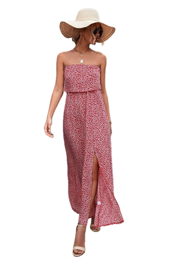 Women's Strapless Split Maxi Dress Sleeveless Solid Floral Pattern With Slit Maxi Ninety five% Polyester Five% Spandex