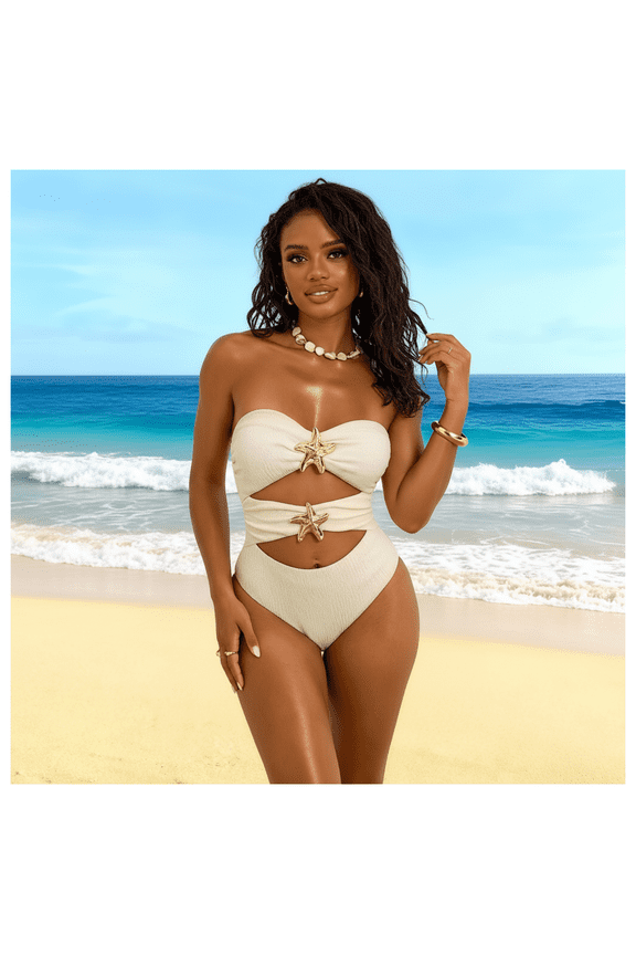 Women's Strapless Swimsuit Cutout One Piece Bathing Suit Gold Starfish Accent Tummy Control Swimwear Sexy Beach Pool Summer Vacation