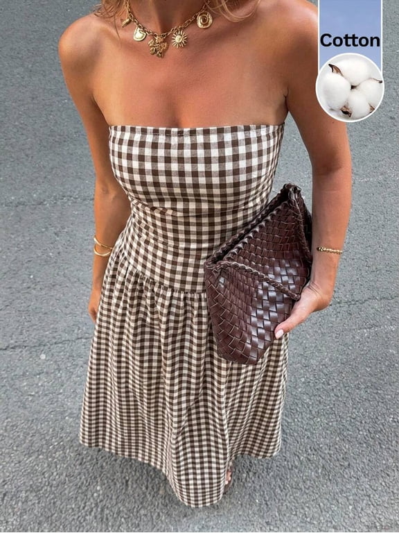 Women's Strapless Tube Midi Dress, Gingham Pattern Smocked Waist Flare Hem Dress, For Picnic Brunch Vacation Resort Casual Occasions