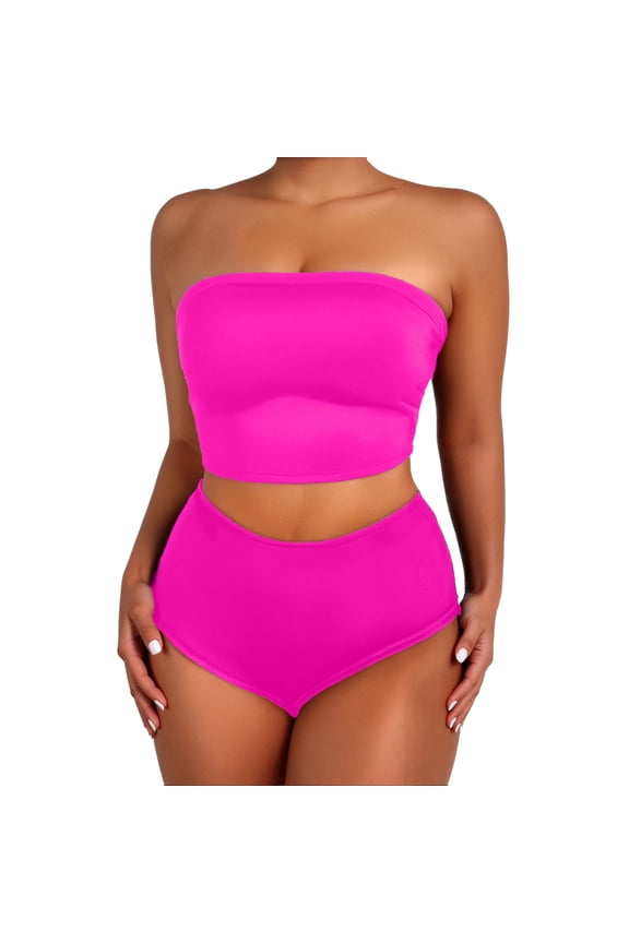 Women's Strapless Tube Top Bikini Set - Sleeveless Crop Tank & High Waisted Bottom, Tummy Control Two Piece Swimwear for Beach & Pool