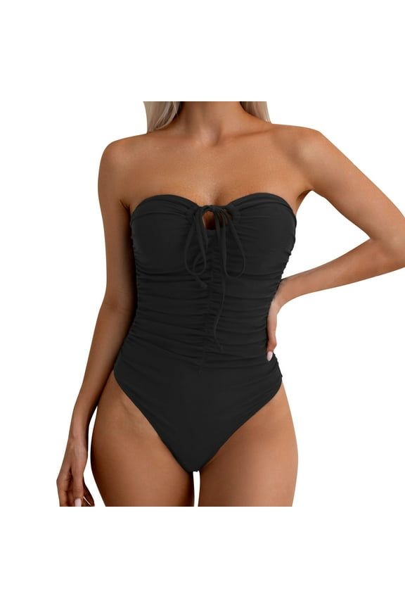 Women's Strapless Tummy Control One Piece Swimsuits Ruched Bandeau Bathing Suits Slimming Tube Swimwear Women's Solid Color Pleated Bandeau Swimsuit with Front Tie Two Wear Halterneck Swimsuit