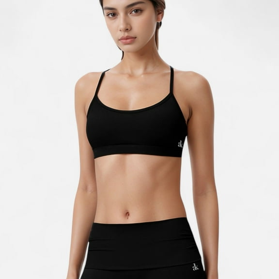 Women's Strappy Active Sports Bra with Scoop Neckline Thin Back Straps and Stretch Compression Fabric - Black, Large