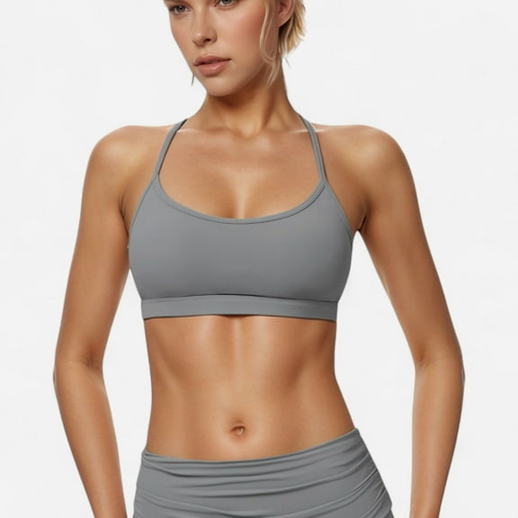 Women's Strappy Active Sports Bra with Scoop Neckline Thin Back Straps and Stretch Compression Fabric - Gray, Small