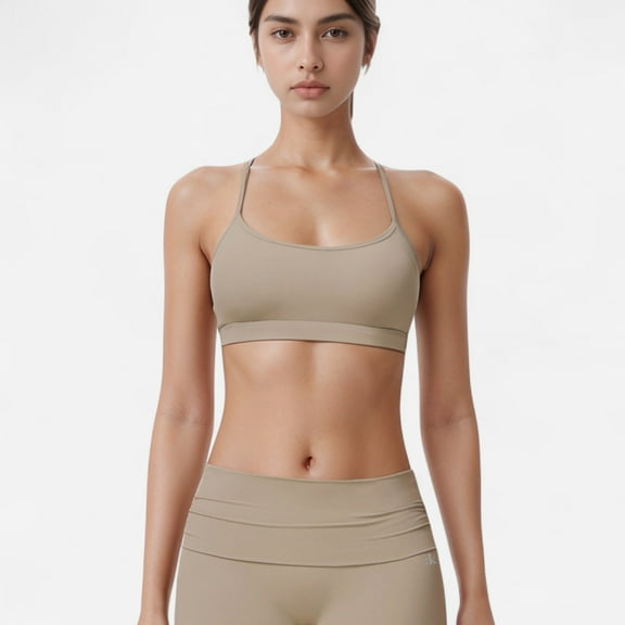 Women's Strappy Active Sports Bra with Scoop Neckline Thin Back Straps and Stretch Compression Fabric - Light Beige, Large