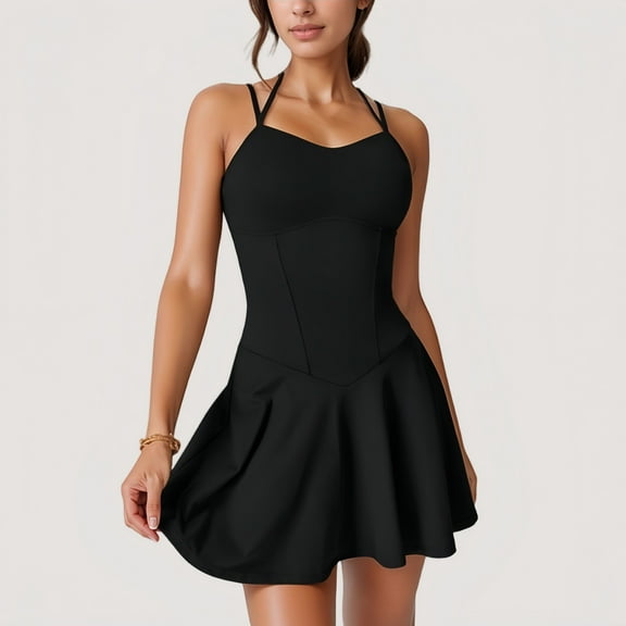 Women's Strappy Athletic Dress with Built-In Shorts and Side Pocket Supportive Fit Stretch Fabric - Medium, Black