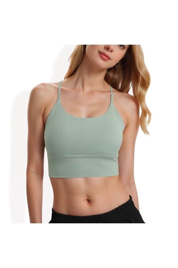 Women's Strappy Back Longline Sports Bra with Scoop Neck and Wireless Design - Medium, Green
